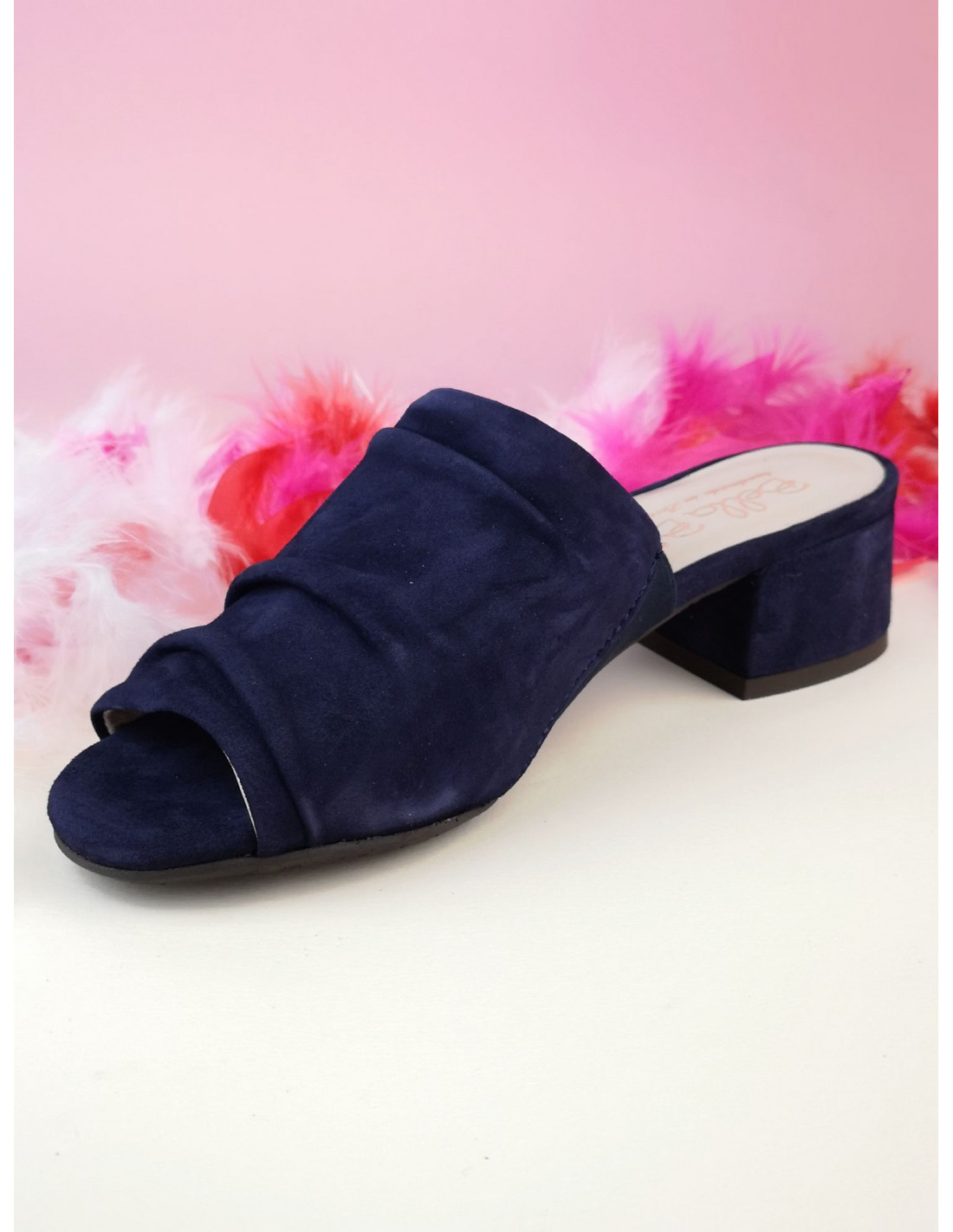Mules with small square heels, navy blue suede, Fix, Bella B