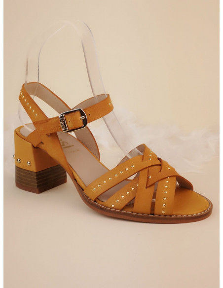 Sandalias de tacón cuadrado, cuero amarillo mostaza, 2527, Dansi, zapato de mujer talla pequeña