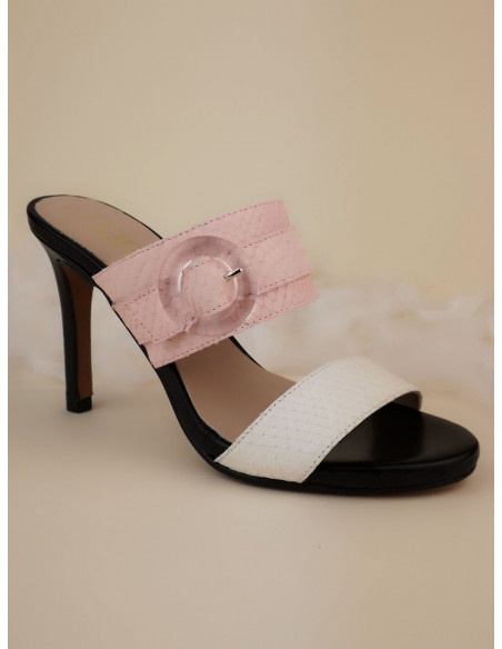 Mules, high stiletto heels, pink and white, 2624, Dansi, small woman