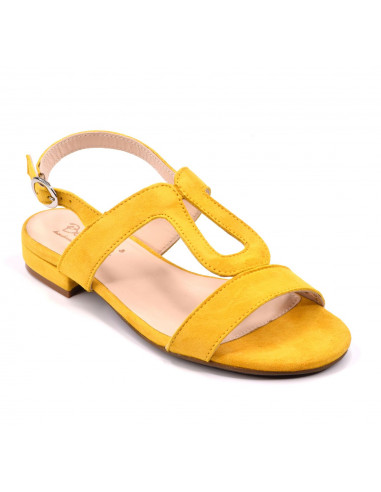 Sandales plates, cuir suédine jaune, femme petite pointure