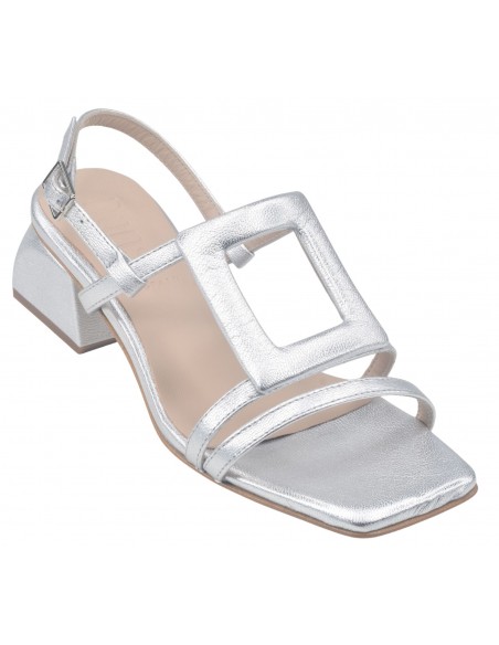 Sandales femmes petites pointures, Dansi 7454 en cuir métallisé argenté, talon carré 4 cm