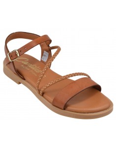 Sandales Plates Nu-Pieds, Cuir Lisse Cognac, 19741, Carlita, 32-35