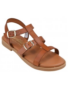 Sandales Plates Nu-Pieds, Cuir Lisse Cognac, 19616, Carlita, femme 32-35