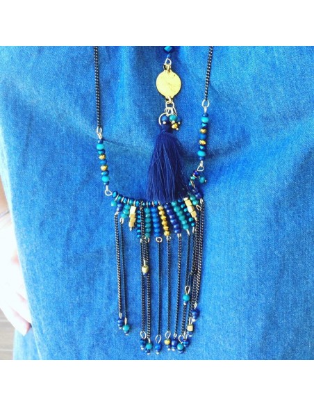 Blue long necklace with pompom