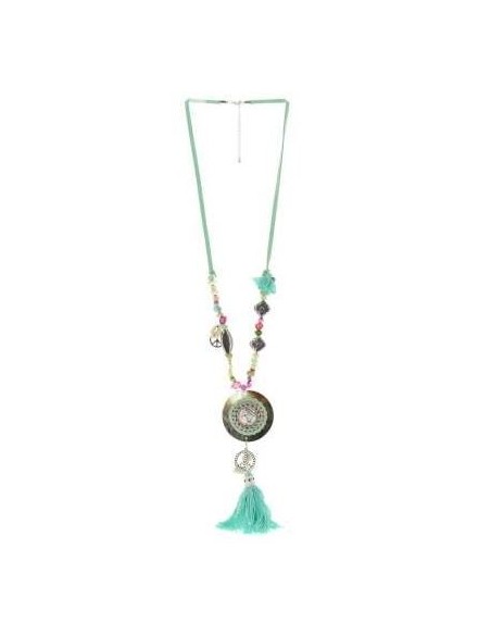 Green medallion and pompom long necklace