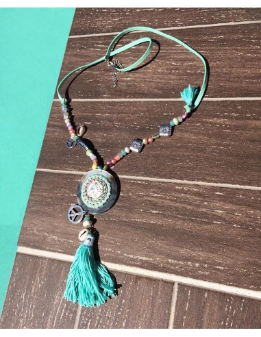 Green medallion and pompom long necklace