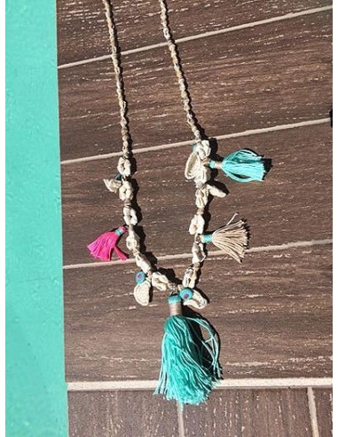 Green and pink long necklace with pompoms