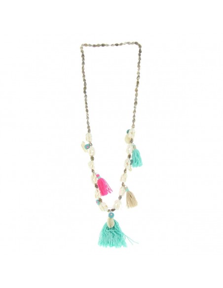 Green and pink long necklace with pompoms