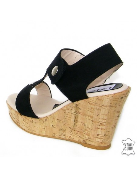 Women&#39;s black leather wedge sandals