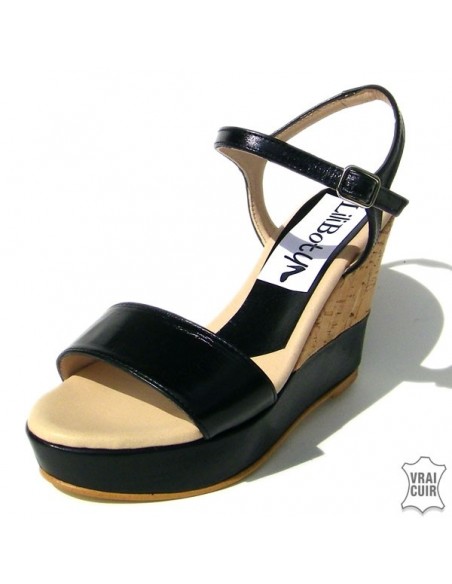 "Nina" sandals with cork heel and black leather, small size for women