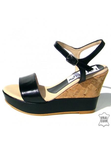 "Nina" sandals with cork heel and black leather, small size for women