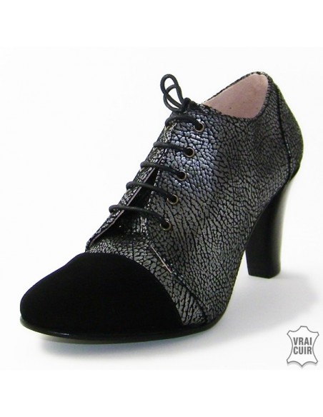 zapatos tallas pequeñas mujer, cuero, yves de beaumond, derbis negros y plateados