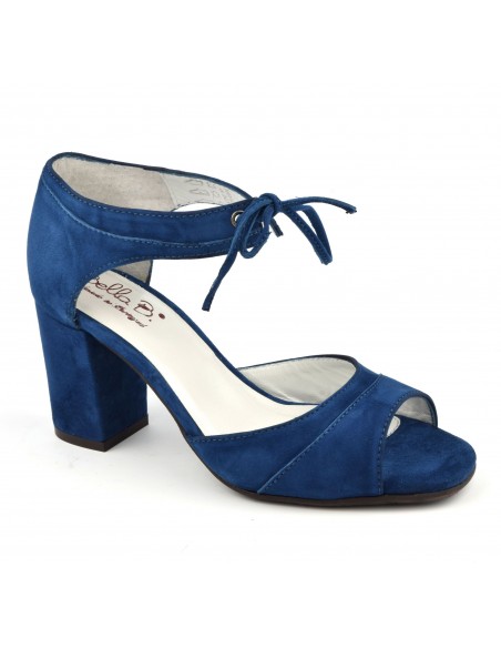 Royal blue suede leather lace-up sandals, square heels, Blau, Bella B, woman with small feet