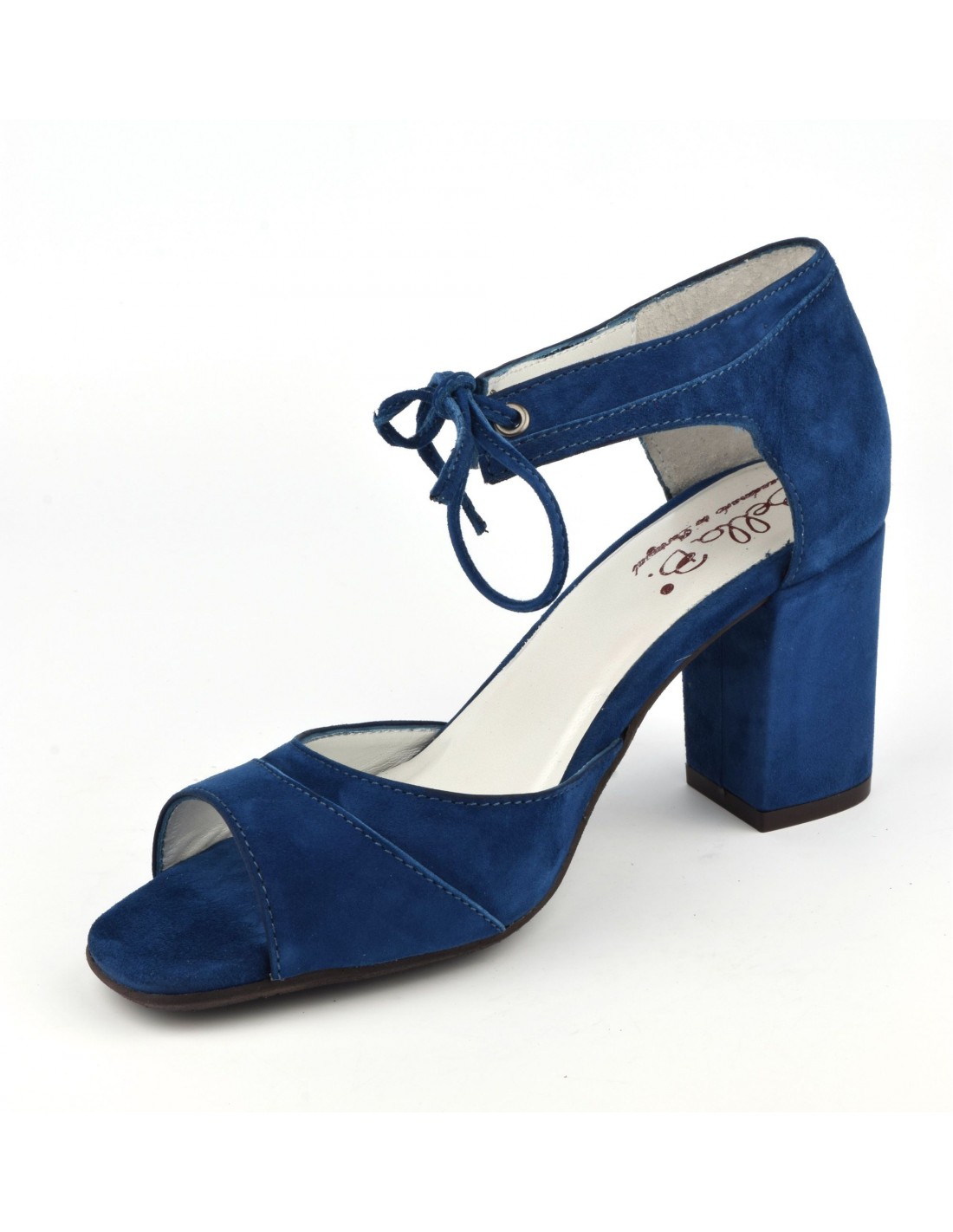 Royal blue suede leather lace-up sandals, square heels, Blau, Bella B
