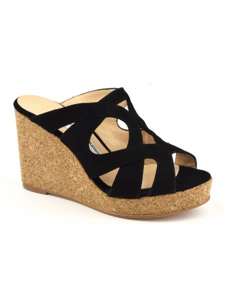 Mules, cork wedges, black suede leather, MI-232, Yves de Beaumond, woman small size