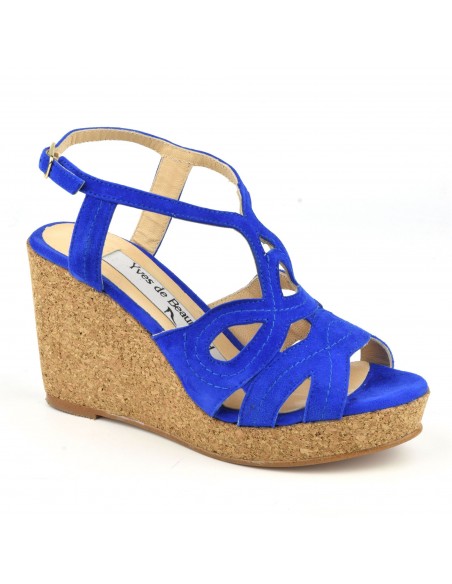 Sandals, cork wedges, electric blue suede leather, MI-230, Yves de Beaumond, small woman