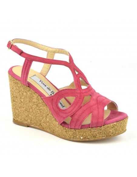 Sandals, cork wedges, pink suede leather, MI-230, Yves de Beaumond, small woman