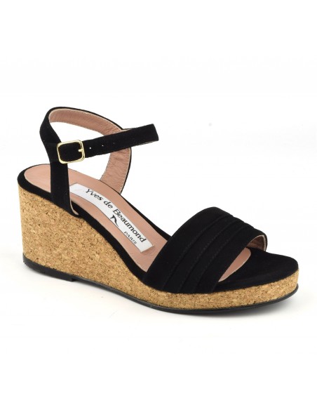 Sandals, cork wedge heels, black suede leather, MI-629, Yves de Beaumond, women small size