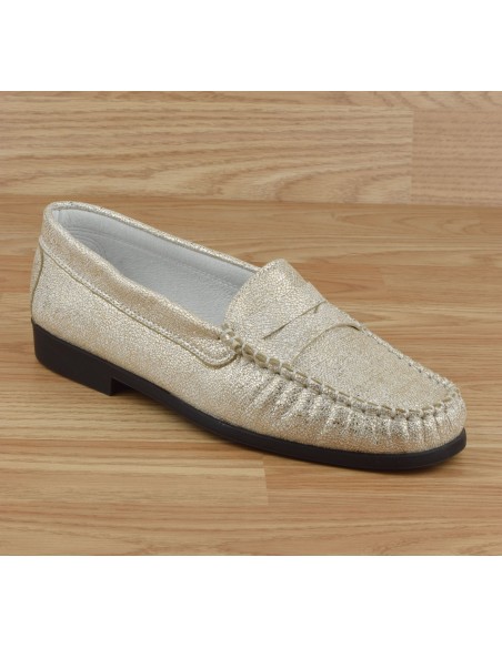 Soft golden leather moccasins, glitter effect, Requit, J. Metayer, woman small sizes