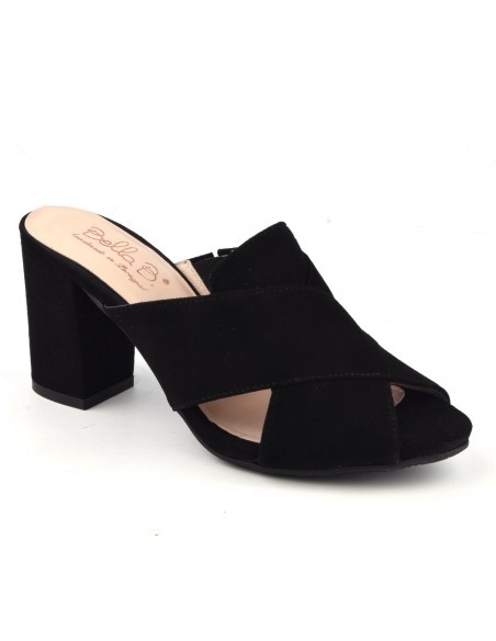 Thick heel mules, suede leather, black, Blur, Bella B, size 33, size 34