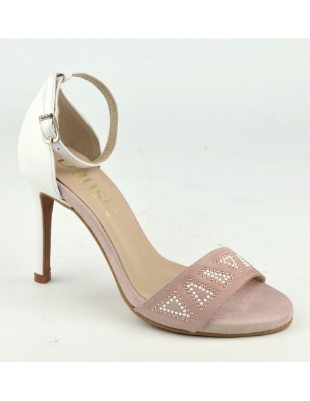 Sandalias glamorosas, tacones altos, piel de ante rosa polvo, 8483, Dansi, talla pequeña para mujer