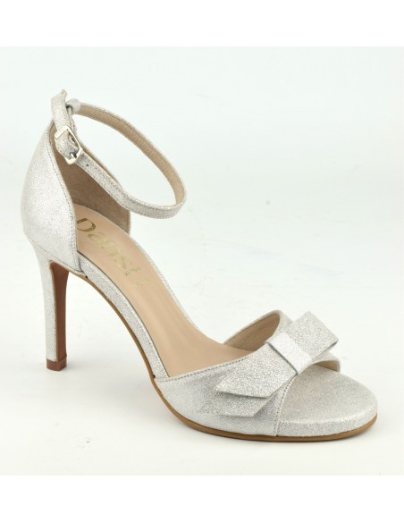 Evening sandals, high heels, silver glitter leather, 8478, Dansi, wedding small size