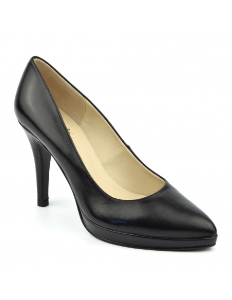 Zapatos de salón con plataforma, cuero liso negro, tallas pequeñas para mujer