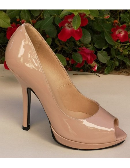 Peep-toe pumps, nude patent, high heels, women with small sizes