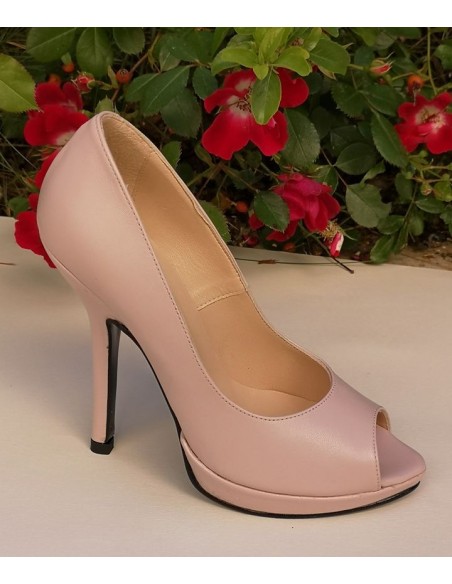 Zapatos de salón, peep-toe, cuero liso rosa pálido, tallas pequeñas para mujer
