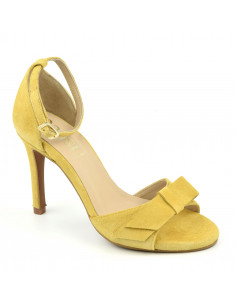 Sandals, ankle strap, high heels, mustard yellow suede leather, women small sizes, Dansi