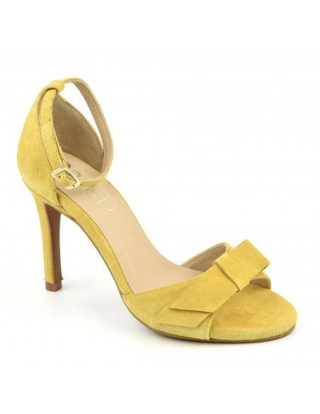 Sandals, ankle strap, high heels, mustard yellow suede leather, women small sizes, Dansi