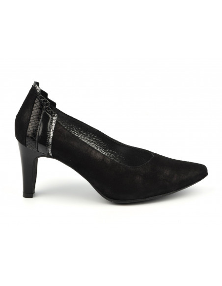 Elegantes zapatos de tacón, gamuza negra frotada, J. Metayer, mujeres tallas pequeñas